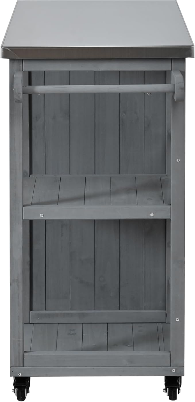 JIJIWANG 35.6" Outdoor Kitchen Island with Stainless Steel Top and Towel and Spice Racks, Rolling Kitchen Island with Storage for Small Spaces Patio Grey