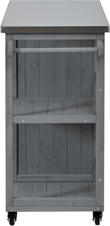 JIJIWANG 35.6" Outdoor Kitchen Island with Stainless Steel Top and Towel and Spice Racks, Rolling Kitchen Island with Storage for Small Spaces Patio Grey