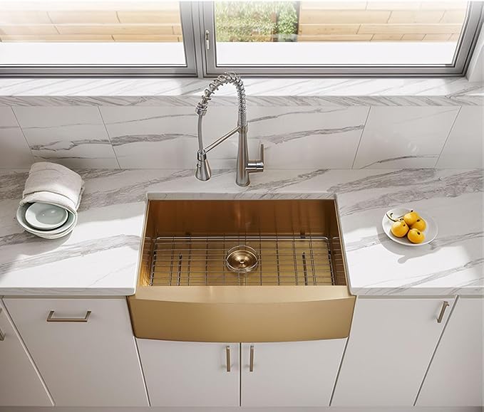 SHACO Gold Farmhouse Sink, 33 Inch Gold Stainless Steel Single Bowl Apron Front Undermount Farm Kitchen Sink with Accessories