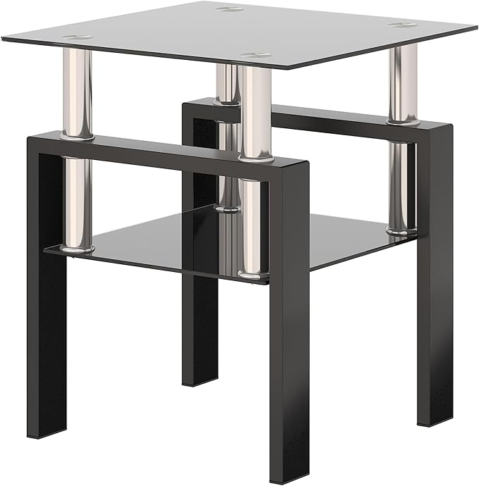 Glass End Table, Glass Side Table with Tempered Glass Top & Metal Legs, Living Room Table Modern Tea Table Side Tables 2-Layer for Living Room Bedroom