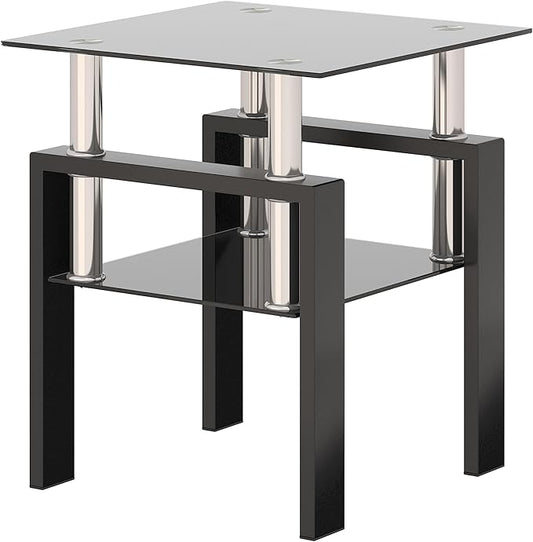 Glass End Table, Glass Side Table with Tempered Glass Top & Metal Legs, Living Room Table Modern Tea Table Side Tables 2-Layer for Living Room Bedroom