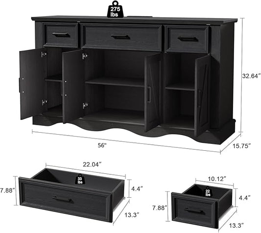 56" Large Wooden Buffet Cabinet with Storage, Modern Coffee Bar and Wine Bar, Wave Base Design, Multi-Purpose Buffet Table with Charging Station for Living Room,Dining Room or Kitchen,Black
