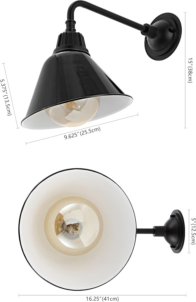 JONATHAN Y 9.63" Black 1-Light Farmhouse Outdoor Sconce, Industrial LED Wall Light, Gooseneck Arm Barn Lamp with Metal Bell Shade for Porch, Patio, Kitchen, LED Bulb Included (JYL7612B)