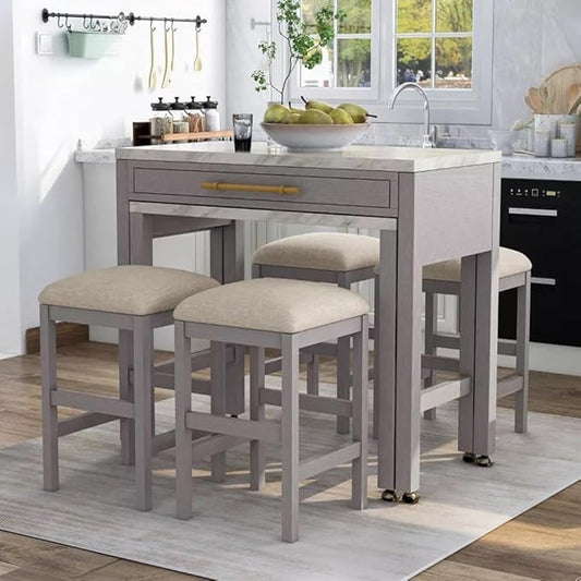 espidoo Kitchen Island with Stools & Storage: Expandable Faux Marble Top on Casters - Farmhouse Style Dining Set for Small Spaces & Family Gatherings
