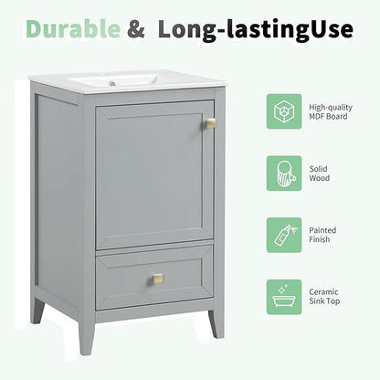 20" Bathroom Vanity with Ceramic Sink Top Set, Multi-Functional Storage Cabinet with Rack Organizer and Drawer, Soft-Closing Door, Solid Wood Frame, Gray