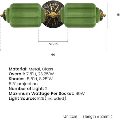 Vintage Bathroom Vanity Light - 2-Light Milk Glass Sconce with Antique Brass Finish & Green Shade, Wall Sconce Lighting for Bathroom Mirror, Hallway, Living Room, Bedroom