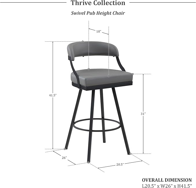 Lexicon Swivel Bar Stools Set of 2 - Bar Height Stools for Kitchen Island, Padded Seat, Open Back, Sturdy Black Metal Frame Finish and Grey Faux Leather Cushion Seat, Grey