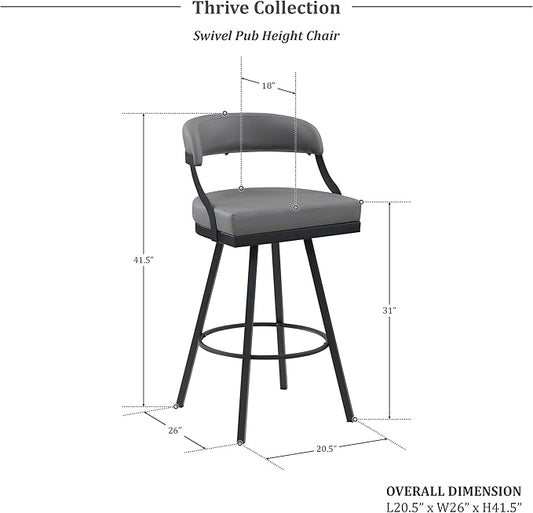 Lexicon Swivel Bar Stools Set of 2 - Bar Height Stools for Kitchen Island, Padded Seat, Open Back, Sturdy Black Metal Frame Finish and Grey Faux Leather Cushion Seat, Grey