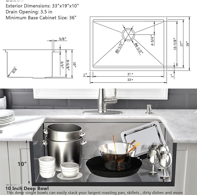 Stainless Kitchen Sink Undermount-VASOYO 33 Inch Undermount Kitchen Sink Workstation Sinks 16 Gauge Stainless Steel Single Bowl Deep Under Mount Sinks with Cutting Board