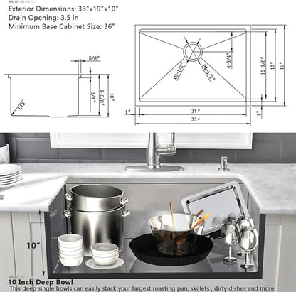 Stainless Kitchen Sink Undermount-VASOYO 33 Inch Undermount Kitchen Sink Workstation Sinks 16 Gauge Stainless Steel Single Bowl Deep Under Mount Sinks with Cutting Board