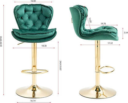 Rhomtree 24-33 Inch Swivel Bar Stools, Adjustable Counter Height Barstools, Velvet Back and Golden Footrest, Bar Chairs for Kitchen Island, Cafe, Bar, Bar Counter, Dining Room, Coffee(Green Set of 2)