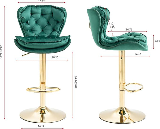 Rhomtree 24-33 Inch Swivel Bar Stools, Adjustable Counter Height Barstools, Velvet Back and Golden Footrest, Bar Chairs for Kitchen Island, Cafe, Bar, Bar Counter, Dining Room, Coffee(Green Set of 2)