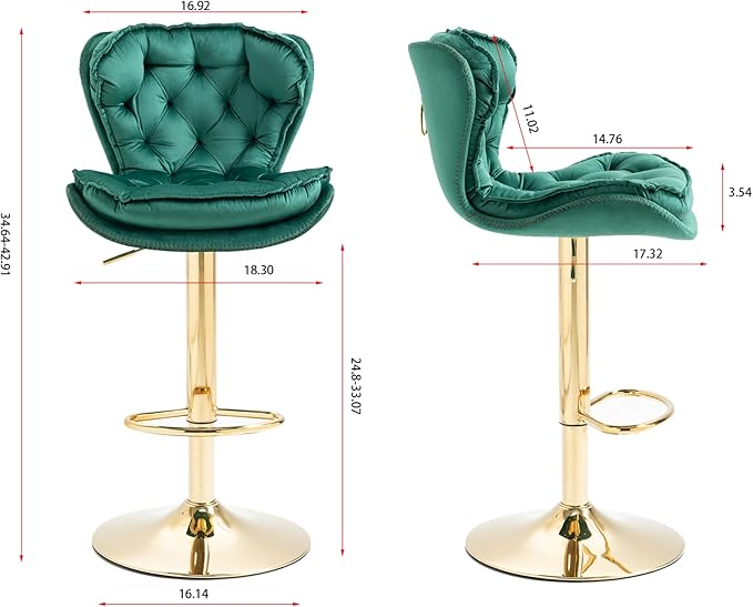 Rhomtree 24-33 Inch Swivel Bar Stools, Adjustable Counter Height Barstools, Velvet Back and Golden Footrest, Bar Chairs for Kitchen Island, Cafe, Bar, Bar Counter, Dining Room, Coffee(Green Set of 8)
