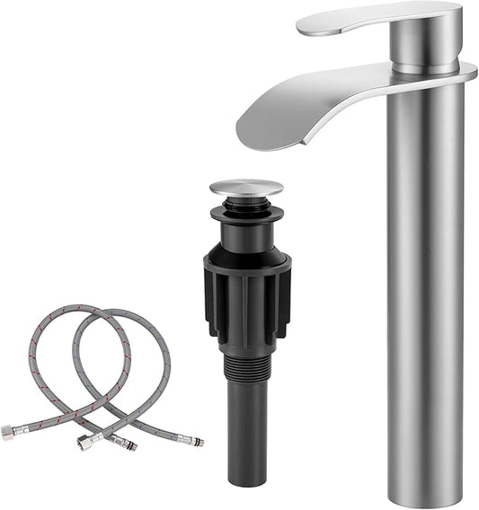 Vessel Sink Faucet Brushed Nickel for Bathroom：WOWOW Single Handle Tall Bathroom Faucet - Waterfall Single Hole Mixer Bar Tap with Large Rectangular Spout, Deck Mount Lavatory Vanity with Pop Up Drain