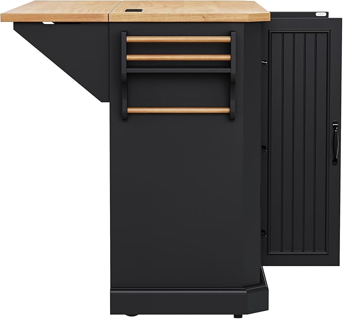 Merax Farmhouse Rolling Kitchen Island on Wheels with Drop Leaf Table & Power Outlet, Wood Kitchen Cart on Wheels with Towel Rack, 6 Drawers & Cabinet, 55" Wide Black
