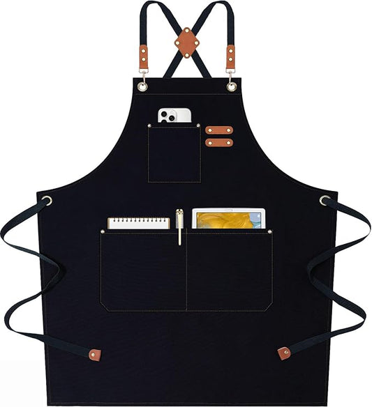 AFUN Chef Aprons for Women Men with Oversized Pockets, 12-Ounce Cotton Canvas Cross Back Water Repellent Apron (Black)
