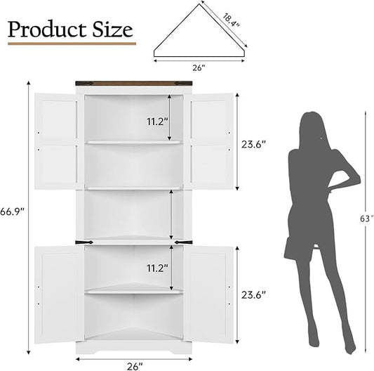 GarveeHome 67 in Tall Corner Storage Cabinet with Lights, Farmhouse Corner Hutch Display Cabinet with Glass Doors, Wooden Storage Organizer for Kitchen, Living Room, Bathroom, White