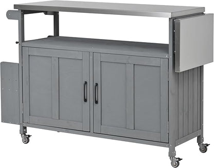 MERITLINE Foldable Outdoor Kitchen Island with Stainless Steel Top & Fir Wood Frame, Adjustable Hidden Shelf & Two-Tier Rack, Lockable Casters for Patio, Garden, Balcony, Grey
