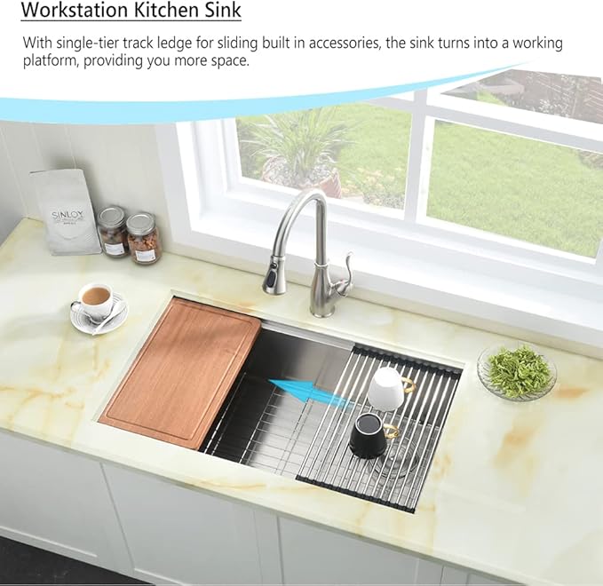 33 Inch Undermount Workstation Kitchen Sink, 33x19 Single Bowl Sink For Kitchen 16 Gauge Stainless Steel Sink Undermount with Offset Drain