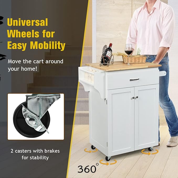Harmony-Furniture Small Kitchen Island Cart, Narrow Butcher Block Kitchen Utility Cart w/Spice & Towel Rack, Rolling Kitchen Island with Storage Cabinets & Drawer for Dining Room (White)