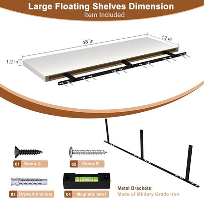 12 Inch Deep Floating Shelves for Wall 2 Pack Floating Shelfs Large Storage Space Wall Decor Display Shelf for Bathroom Living Room Bedroom Kitchen 48" W x 12" D x 1.2" H White