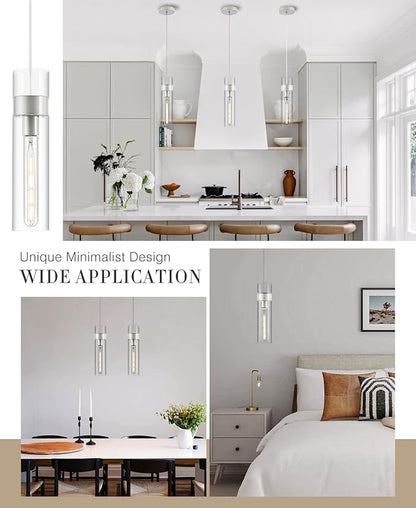 3 Pack Pendant Lights Kitchen Island (Bulbs Included), Brushed Nickel Adjustable Modern Glass Pendant Light Over Island, Industrial Pendant Light Fixtures for Dining Room Hallway Bedroom Living Room