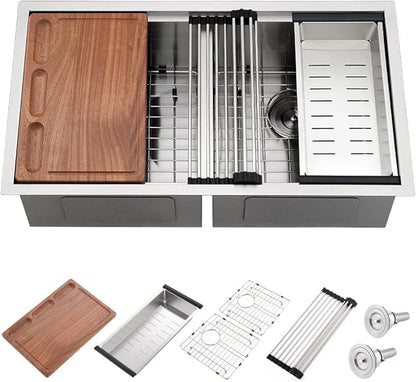 31 Undermount Kitchen Sink Double Bowl-iAnomla 31 x19 Inch Stainless Steel Undermount Sink Workstation 16 Gauge 50/50 Low Divide Double Bowl Kitchen Sinks with Cutting Board