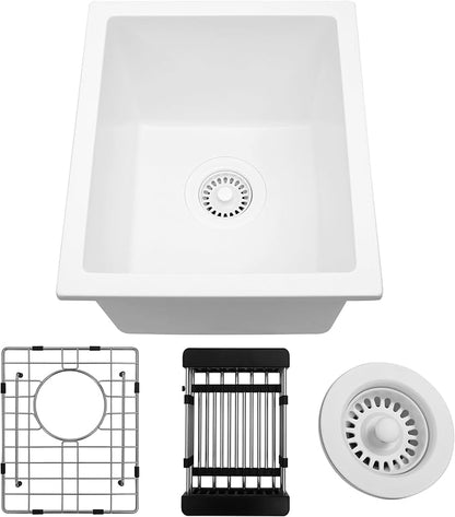 White Bar Sink, 13" x 15" x 10" Undermount Kitchen Sink, 13 Inch Small and Deep Single Bowl Granite Composite Kitchen Sink with Accessories, 13 x 15 White Quartz Stone Bar Sinks