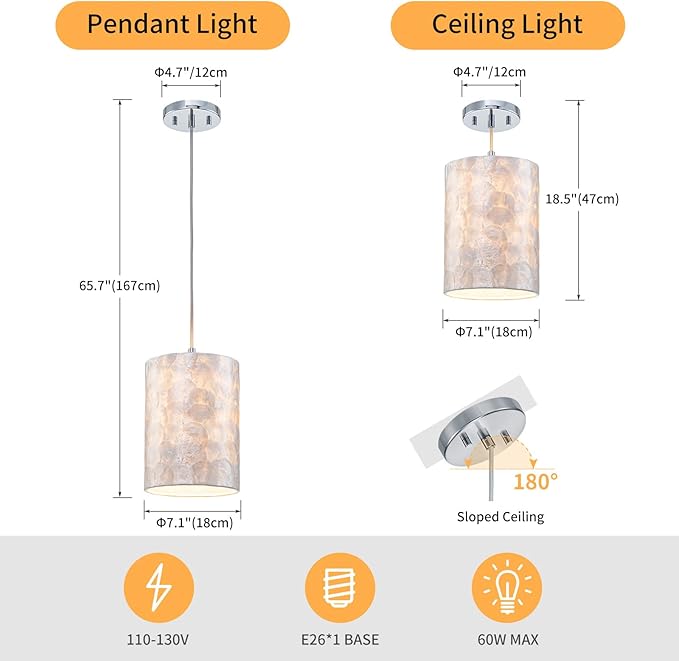 LumFurn 1-Light Capiz Shell Chandelier, Coastal Design Modern Pendant Light Fixture for Dining Room, Living Room, Kitchen Island, D7 x H18~66"(Adjustable Height), Shell Lampshade & Chrome Finish Frame