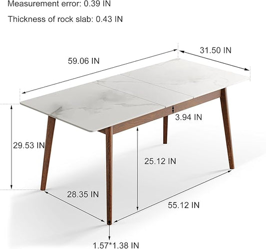 Solid Oak Extendable Dining Table with Stone Slab Tabletop for 4-6 People, Seamless Expansion, Diagonal Legs, Farmhouse Kitchen Table for Small Spaces (Walnut-Slate)
