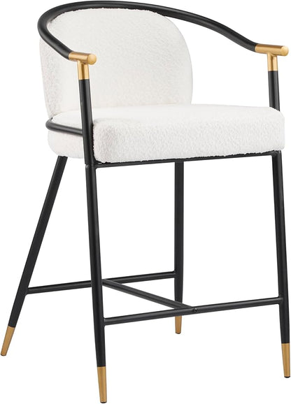 Set of 2 Upholstered Counter Stools - 26" Seat Height Beige Boucle Stools with Sturdy Iron Frame, Gold Trim+Black Base, Contemporary Design for Kitchen Island/Home Bar/Dining Area