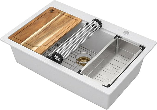 33 Inch Granite Composite Kitchen Sink - White Drop In Workstation All-In One Classic Quartz Single Bowl Kitchen Sink Basin, 2-Holes, 33x22, Top-Mount #TLGT-113