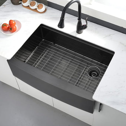 33x22 Black Farmhouse Sink For Kitchen Workstation, Apron Front Stainless Steel Farm Sink 33 Inch Single Bowl Handmade 16 Gauge Black Sink Kitchen