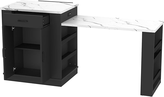 Kitchen Islands with Extendable Dining Table, Extendable Island Console with Drawers, Double-Door Cabinet and Open Shelving, Saving Space Island Table for Dining Room, Black