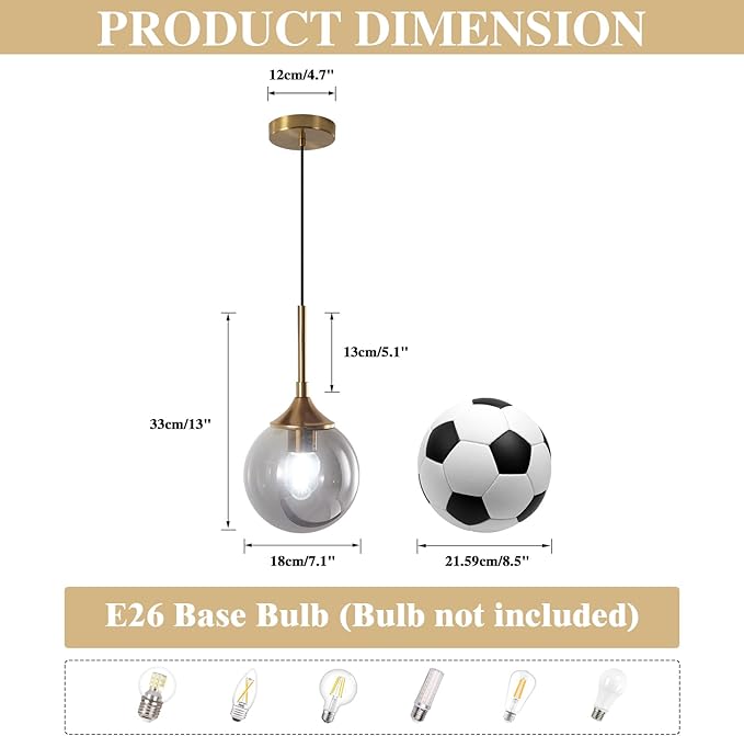 KCO Lighting Modern 1-Light Globe Pendant Light Mid Century Large Single Smoke Glass Hanging Light Brushed Brass Adjustable Pendant Light Fixture for Living Room Kitchen Island