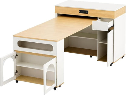 Extendable Kitchen Island on Wheels with Drawers, Power Outlet, Cabinet Storage, Walnut and Creamy White, 43.5 x 37.6 Inch (Creamy White,Natural)