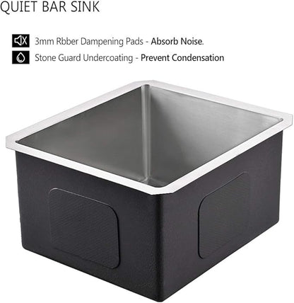 Stainless Steel Undermount Bar Sink, 15 x 17 Inches Small Wet Bar Undermount 16 Gauge SUS304 Brushed Nickel Single Bowl Outdoor Kitchen Sink