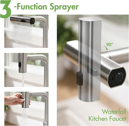 CENOSA Kitchen Faucet with Pull Down Sprayer Brushed Nickel Waterfall Sink Faucet Suitable for RV, Laundry Room, and Campers