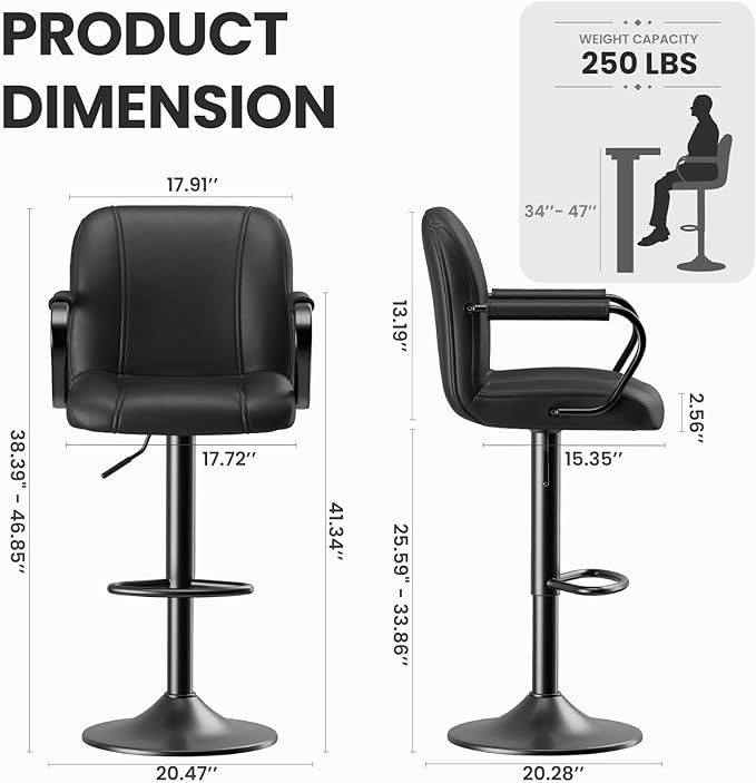 MALOL Set of 2 Modern Bar Stools with Backs - Adjustable High Chairs for Kitchen Island, Barstools for Home Bar, Island Stools, Sillas Altas para Barra de Cocina, Black PU Leather