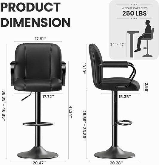 MALOL Set of 2 Modern Bar Stools with Backs - Adjustable High Chairs for Kitchen Island, Barstools for Home Bar, Island Stools, Sillas Altas para Barra de Cocina, Black PU Leather