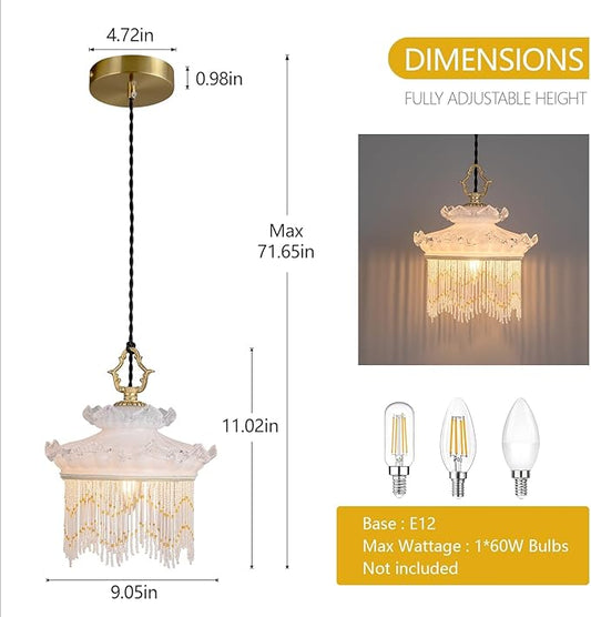 Brass Vintage Glass Pendant Light Cream Style Glass Tassel Chandelier,Adjustable Height Pendant Lights for Dining Room Kitchen Island Bedroom Hallway