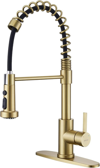 Gold Kitchen Faucet with Pull Down Sprayer, Single Handle Brushed Gold Faucet for Kitchen Sink, Commercial Farmhouse Kitchen Faucet with Deck Plate