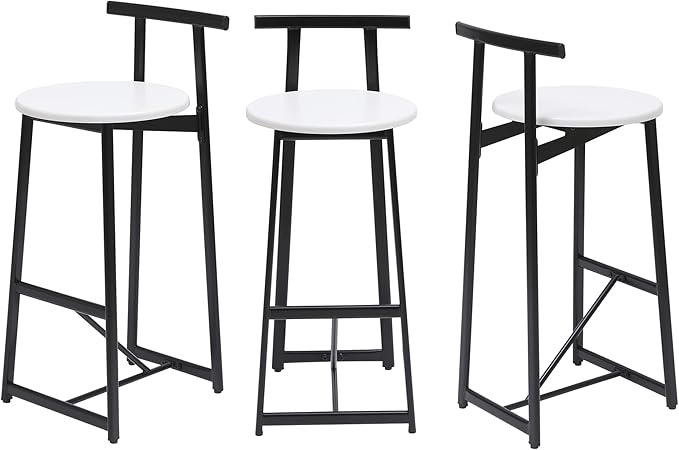 Bar Stools Kitchen Island Bar Chairs Set of 3 Metal Counter Bar stools with Backrest for Dining Pub Room (Black White)