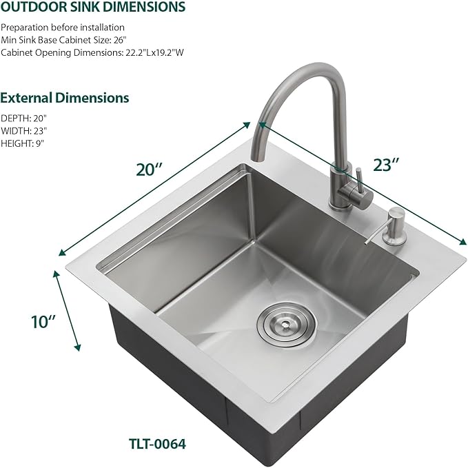 23 Inch Outdoor Kitchen Sink with Faucet - 23x20 Drop In Workstation 16 Gauge Stainless Steel Single Bowl Topmount Outdoor Wet Bar Sink with Stainless Steel Dust-Proof Cover #TLT-0064