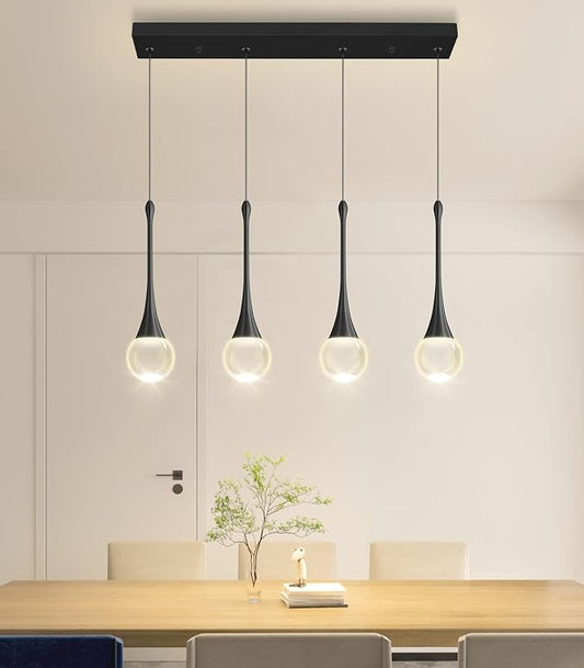 Rectangular Crystal Pendant Light for Kitchen Island 4 Light Dimmable Crystal Chandelier Lighting Fixtures with Remote for Dining Room Living Room Black