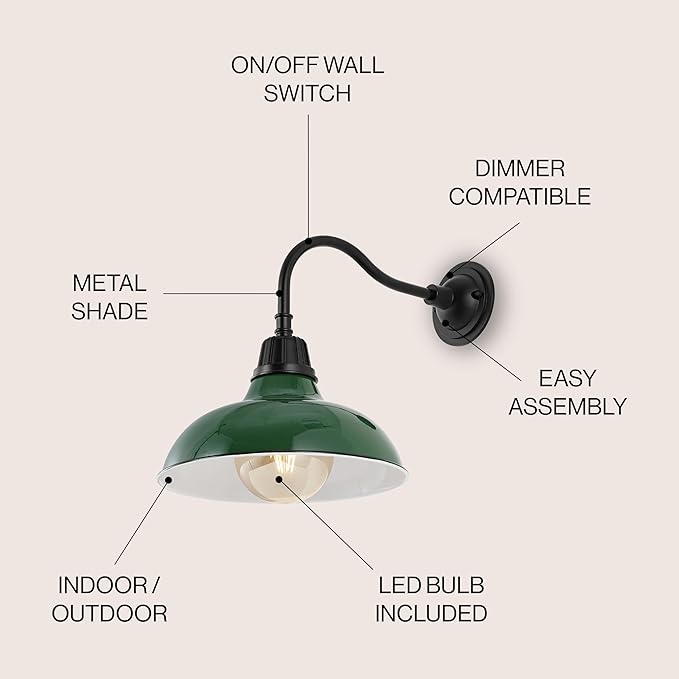 JONATHAN Y 12.25" Green/Black Farmhouse Industrial Outdoor Sconce, LED Gooseneck Wall Light for Porch, Metal Bowl Shade, Dimmable Vintage Exterior Fixture, LED Bulb Included (JYL7613F)