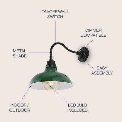 JONATHAN Y 12.25" Green/Black Farmhouse Industrial Outdoor Sconce, LED Gooseneck Wall Light for Porch, Metal Bowl Shade, Dimmable Vintage Exterior Fixture, LED Bulb Included (JYL7613F)