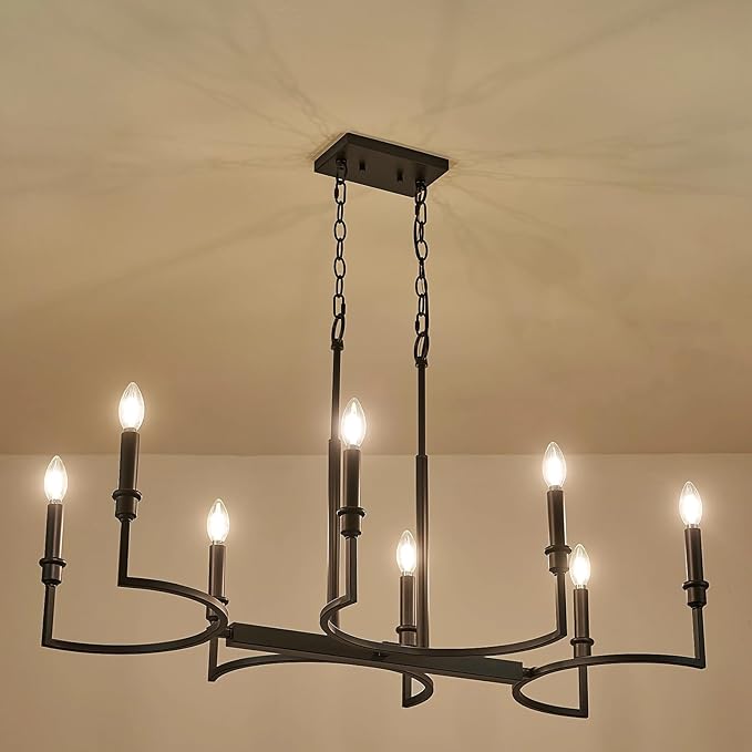 8-Light Black Chandelier Rectangular Dining Room Chandelier Over Table Metal Candle Chandelier Light Fixture Retro Black Island Lighting 37in