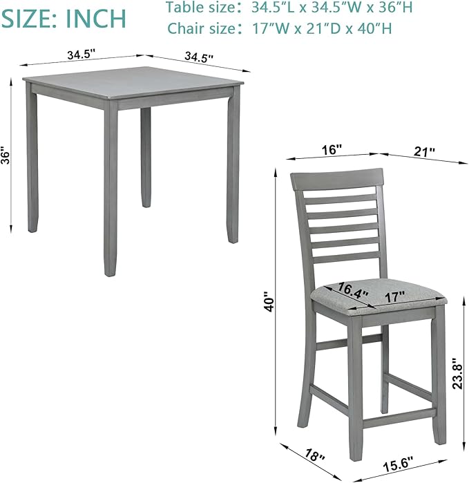 5-Piece Counter Height Dining Table Set for 4, Solid Wood Square Kitchen Table with 4 Upholstered Ladder-Back Chairs, Modern Gray Dining Set for Kitchen and Dining Room