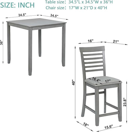 5-Piece Counter Height Dining Table Set for 4, Solid Wood Square Kitchen Table with 4 Upholstered Ladder-Back Chairs, Modern Gray Dining Set for Kitchen and Dining Room